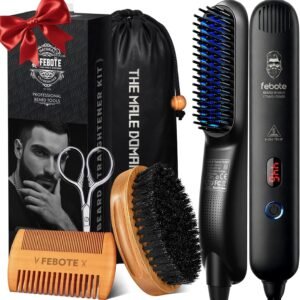 Innovation Beard&Hair Straightener for Men w/Natural Boar Bristle Brush, Pear Wood Comb, Mustache Scissors and Travel Bag, Professional Beard Care Set for Him, Men’s Fashion and Grooming Gifts