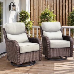 Belord Luxury 6″ Thick Cushioned Outdoor Swivel Rocker Patio Chairs of 2, High Back Wicker Patio Furniture Set with Ergonomic Zone Back, Conversation Glider Set for Deck Porch – Brown+Beige