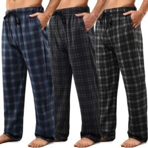 3 Pack Mens Pajama Pants Microfleece Plaid Pajama Bottoms Sleepwear PJ Sleep & Lounge Pants with Pockets & Drawstring