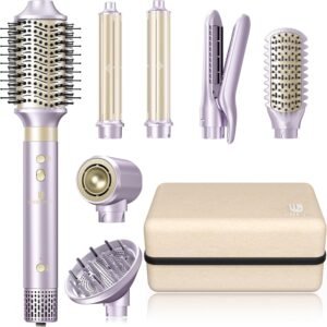Hair Dryer Brush 8-in-1 Dual Voltage Hot Air Styler – Fast-Drying 110,000 RPM Ionic Blow Dryer with Straightener & Curler Attachments, Frizz-Free Volumizing Styler with Protective Hard Case-Purple