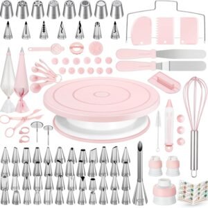 Kootek 158PCs Cake Decorating Kit, Baking Supplies Tools – Includes Cake Stand Turntable, 64 Icing Piping Tips Set, 2 Frosting Spatulas, 3 Scrapers, 50+2 Pastry Bags, Coupler, Video Tutorial, Booklet