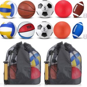 Deekin 12 Pcs Assorted Sport Ball Set for Youth Adult Official Size Basketball Football Volleyball Soccer Baseball Playground Ball with Bag and Pump Gifts Back to School