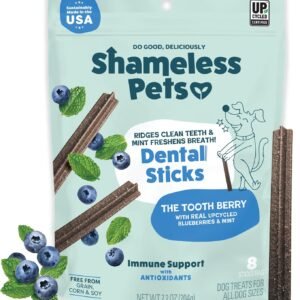 Shameless Pets Blueberry & Mint Dental Chews for Dogs, 8 Chews – Natural Dog Teeth Cleaning Treats with Fresh Breath Benefits | Grain-Free Dental Sticks for Small, Medium & Large Dogs