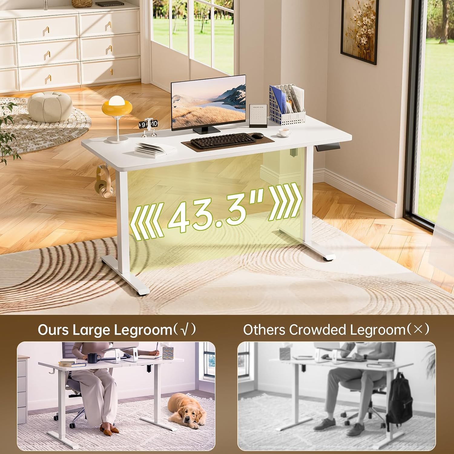 Veken 55 Inch Large Electric Standing Desk,Sit to Stand Up, Heights Adjustable, Work Home Office Computer Table for Study, Walking Pad, Writing, and Games, Wooden Desktop Desks, White - Image 9