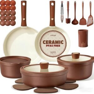 CAROTE 22Pcs Ceramic Cookware Set, Pots and Pans Set Non Stick Removable Handles, Non Toxic Cookware Oven/Dishwasher Safe, Induction Cookware, Gift Set, NonStick Cookware Set with Kitchen Essentials