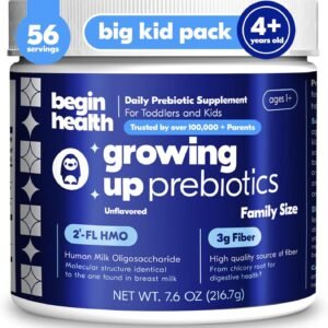 Begin Health Growing Up Prebiotics for Kids | Daily Prebiotic Fiber Supplement with 2′-FL HMO | Supports Regularity & Gut Health | Unflavored Powder | Ages 1+ | 56 Servings