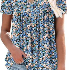 ROSELINLIN Women’s Short Sleeve Shirts Floral Summer Tops Loose Fit for Leggings