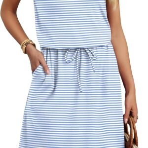 OFEEFAN Womens Summer Dresses Fashion Short Sleeve Crew Neck T Shirt Sundresses Casual Tie Waist with Pockets