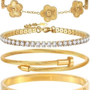 18K Gold Plated Bangle Bracelet Set for Women Stackable Lucky Floral Adjustable Tennis Bracelet Non Tarnish Gift Jewelry for Christmas Valentines Birthday Mother’s Day