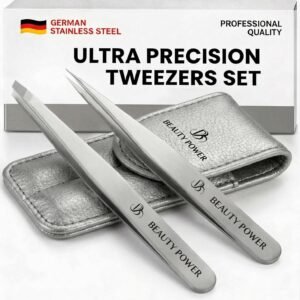 Beauty Power Professional Tweezers Set – Slant & Point, Ultra Precision German Stainless Steel Tweezers for Eyebrows, Chin, Ingrown Hair & Facial Grooming – Lightweight with Case – Gift Idea – Gray