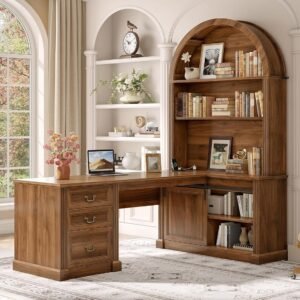 SEDETA 67″ L Shaped Desk with Tall Arched Bookshelf, Mid-Century Office Computer Desk with 3 Drawers and Storage Shelves, Corner Executive Desk with Sliding Barn Door for Home Office, Brown