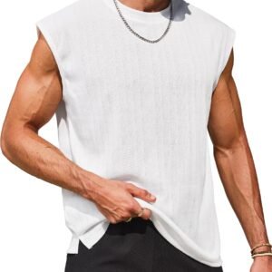 Mens Knit Tank Tops Textured Hollow Out Summer Sleeveless T-Shirt (S-XXL)