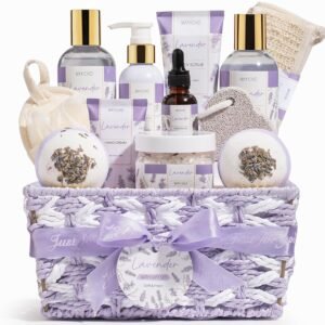 Mothers Day Birthday Gifts for Women, Lavender Relaxing Spa Gift Baskets for Women Self Care Package Bath Gift Set, Home Bath and Body Kit Pamper Gifts for Womens Her Mom Friends Wife Girlfriend Wife