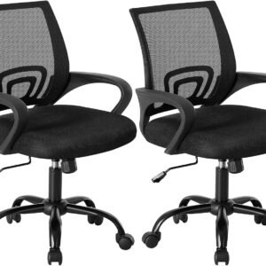 OLIXIS Office Desk Chair – Ergonomic Mid Back with Lumbar Support & Rocking Mode, Height Adjustable with Fixed Armrest, for Home, Computer, Gaming, Conference, Meeting, 360° Swivel, Black, 2 Pack