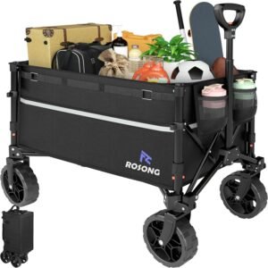 ROSONG Collapsible Wagon Cart with Wheels Foldable – Folding Utility Heavy Duty Wagons Carts for Grocery Sports Garden Shopping Camping Wheelbarrows (Black, 120L)