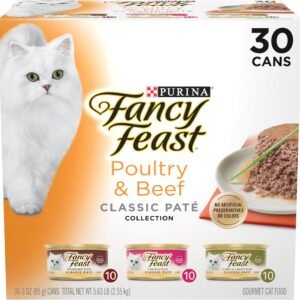 Fancy Feast Poultry and Beef Feast Classic Pate Collection Grain Free Wet Cat Food Variety Pack – (Pack of 30) 3 oz. Cans