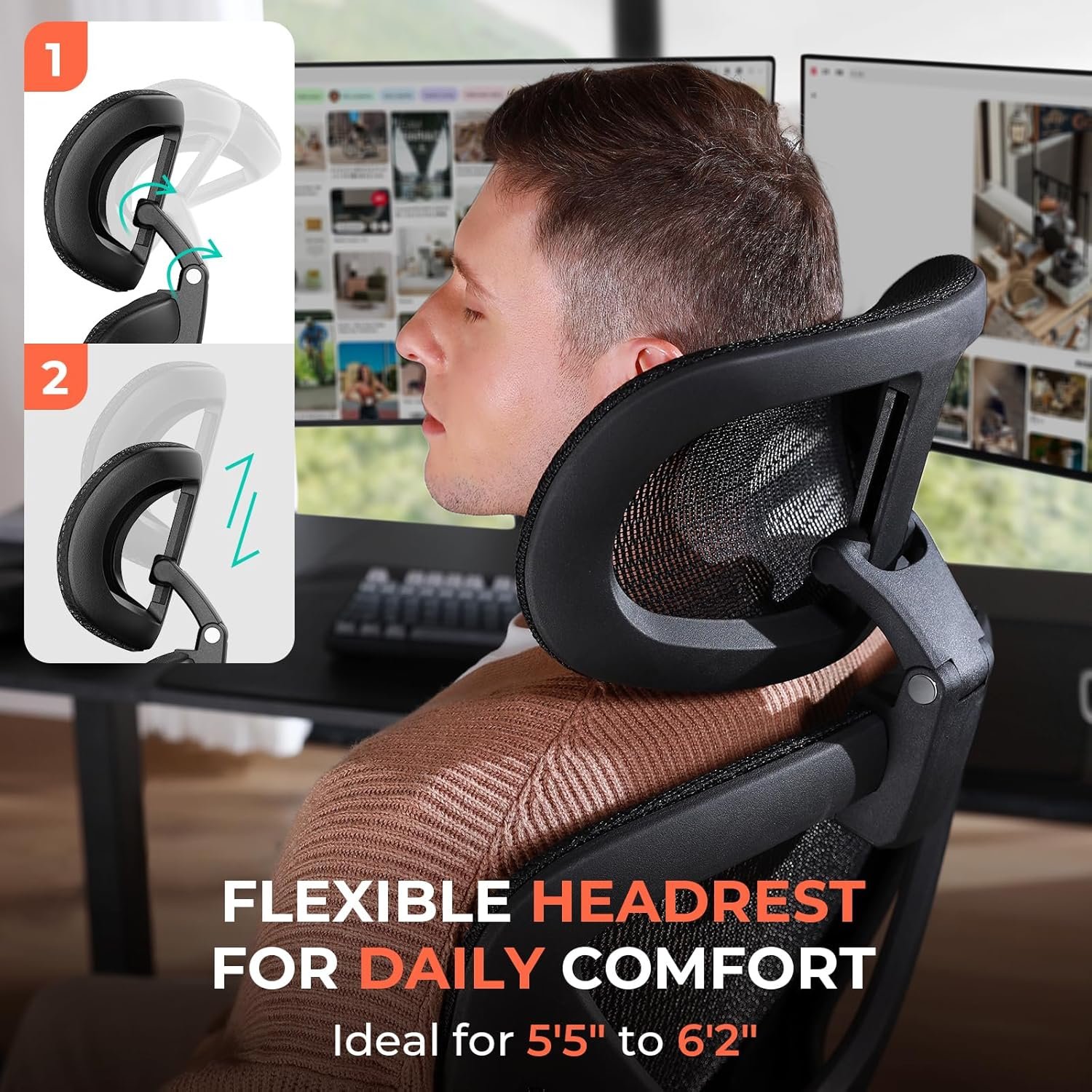 CAPOT Ergonomic Mesh Office Chair, Adjustable Lumbar High Back Desk Chair 400lbs, 4D Flip-up Arms, 3-Level Tilt Backrest, 3D Headrest, PU Wheels, Swivel Rolling Computer Seating for Long Desk Work - Image 5