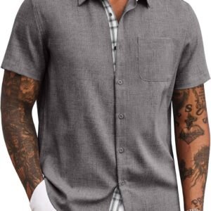 COOFANDY Men’s Button Down Shirts Short Sleeve Casual Summer Beach Vacation Wedding Shirt with Pocket