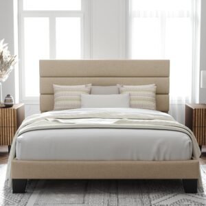 Allewie Queen Size Platform Bed Frame with Fabric Upholstered Headboard and Wooden Slats Support, Fully Upholstered Mattress Foundation/No Box Spring Needed/Easy Assembly, Beige