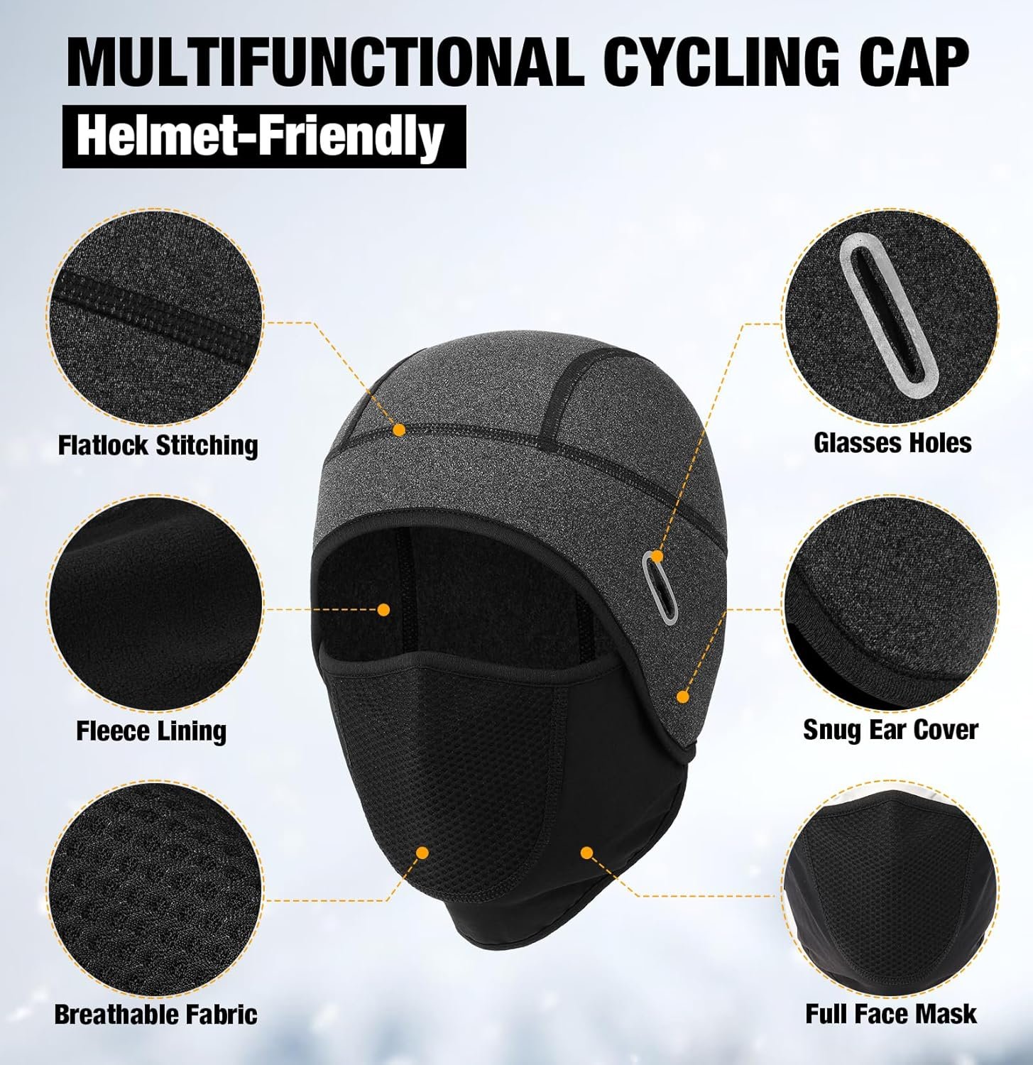 MELASA Thermal Skull Cap Helmet Liner Hat with Face Cover, Balaclava Face Mask with Glasses Holes for Cycling Motorcycle - Image 5