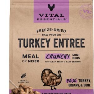 Vital Essentials Freeze Dried Dog Food, Raw Turkey Crunchy Mini Nibs | Complete Meal or Topper | 96% Turkey, Organs & Bone | Limited Ingredient, High Protein, Grain Free Dry Dog Food | 25 oz Bag