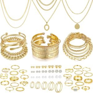 FAXHION 68 Pcs Gold Jewelry Set for Women with 7 Necklace, 17 Bracelet, 5 Hoop Earrings, 15 Stud Earrings, 24 Knuckle Rings for Women Jewelry Set for Women