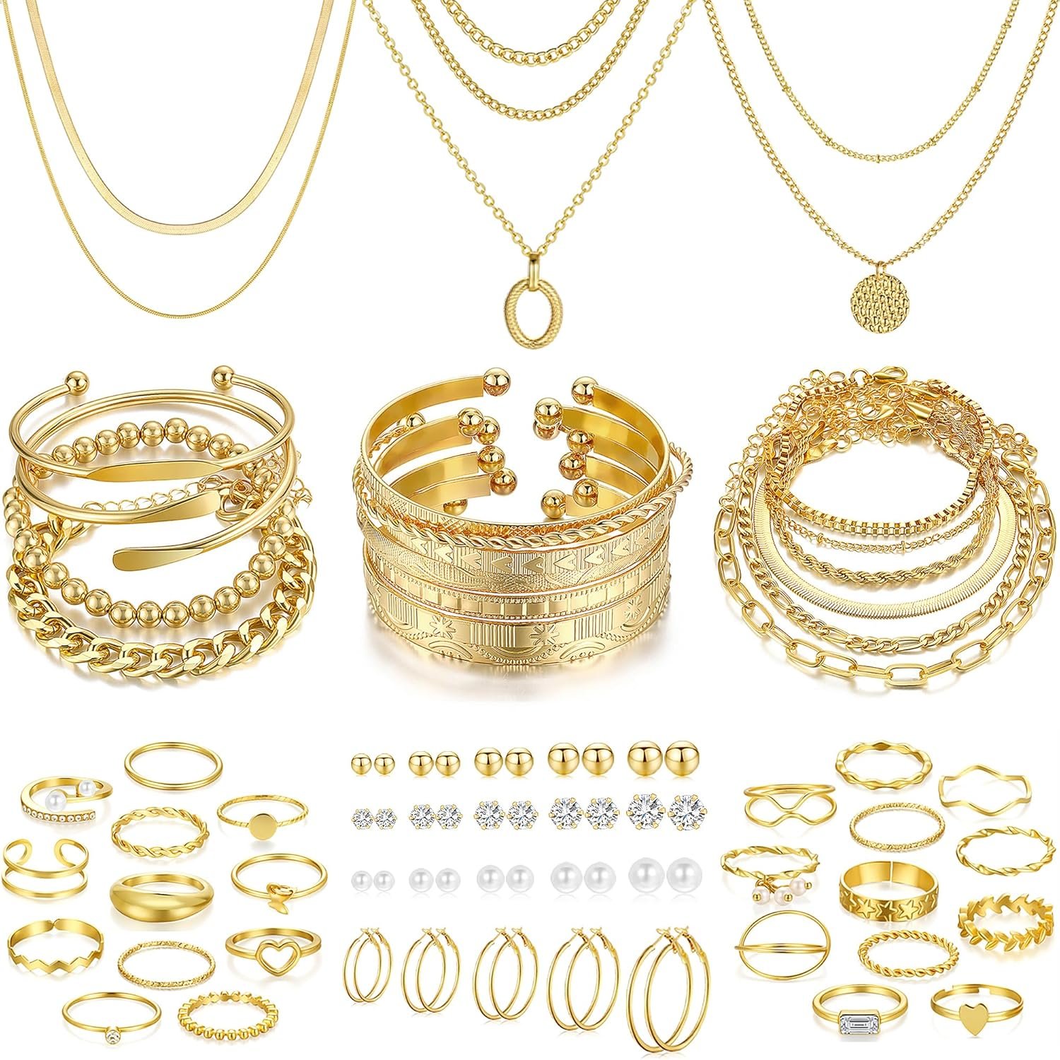 FAXHION 68 Pcs Gold Jewelry Set for Women with 7 Necklace, 17 Bracelet, 5 Hoop Earrings, 15 Stud Earrings, 24 Knuckle Rings for Women Jewelry Set for Women