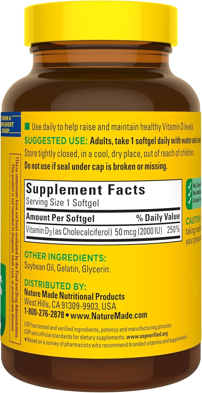 Nature Made Vitamin D3 2000 IU (50 mcg), Vitamin D Supplement for Bone, Teeth, Muscle and Immune Health Support, 250 Softgels, 250 Day Supply - Image 7