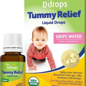 Ddrops Baby Tummy Relief Liquid Drops, Organic Gripe Water for Newborns, Relief from Gas, Colic, Fussiness and Hiccups, Just One Drop, Herbal Ingredients, 120 Drops