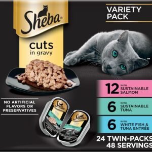 Sheba Perfect Portions Wet Cat Food Cuts in Gravy, Cat Food Wet Recipe, Sustainable Salmon, Tuna, White Fish and Tuna Entree, 2.6 oz. Twin-Pack Trays (24 Count, 48 Servings)