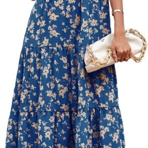 PRETTYGARDEN Summer Dresses for Women 2026 Casual Floral Boho Midi Sun Dress Puff Short Sleeve Flowy Beach Vacation Sundress