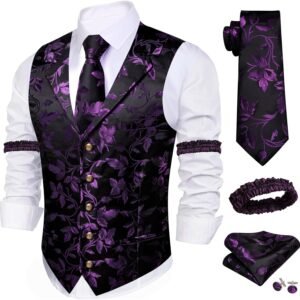 Barry.Wang Mens Silk Lapel/Shawl Collar Vest Tie Sleeve Holder Set Formal/Casual Paisley Vests Wedding Tuxedo Waistcoat