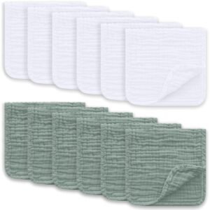 Ease Cubs Muslin Burp Cloths Large 100% Cotton Hand Washcloths for Boys & Girls, Baby Essentials Extra Absorbent and Soft Burping Rags for Newborn Registry (White & Green, 12-Pack, 20″ X10″)