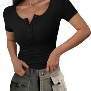 PRETTYGARDEN Womens 2026 Summer Short Sleeve Tops Ribbed Henley Button Slim Fit Basic Casual T Shirts Blouse Fashion Clothing