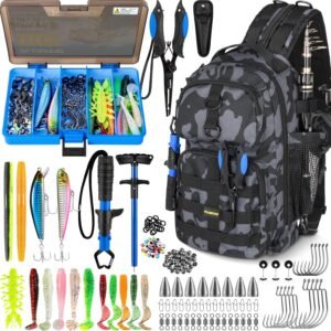 PLUSINNO Fishing Backpack with Tackle Boxes, Waterproof Fishing Sling Tackle Bag For Fishing Gear With Rod Holder, Fishing Gifts for Men With Fishing lures, Fishing pliers.
