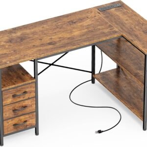 Huuger L Shaped Office Desk with Power Outlets, 47 Inch Computer Desk with 3 Drawers, Shelves, for Gaming, Corner Work, Home Office, Study, Rustic Brown