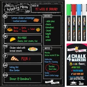 CHALKY CROWN Magnetic Dry Erase Menu Board for Fridge Includes 4 Liquid Chalk Markers – Weekly Meal Planner Blackboard, Grocery List & Notepad for Kitchen Refrigerator – Chalkboard Magnet 15.6″ x11.6