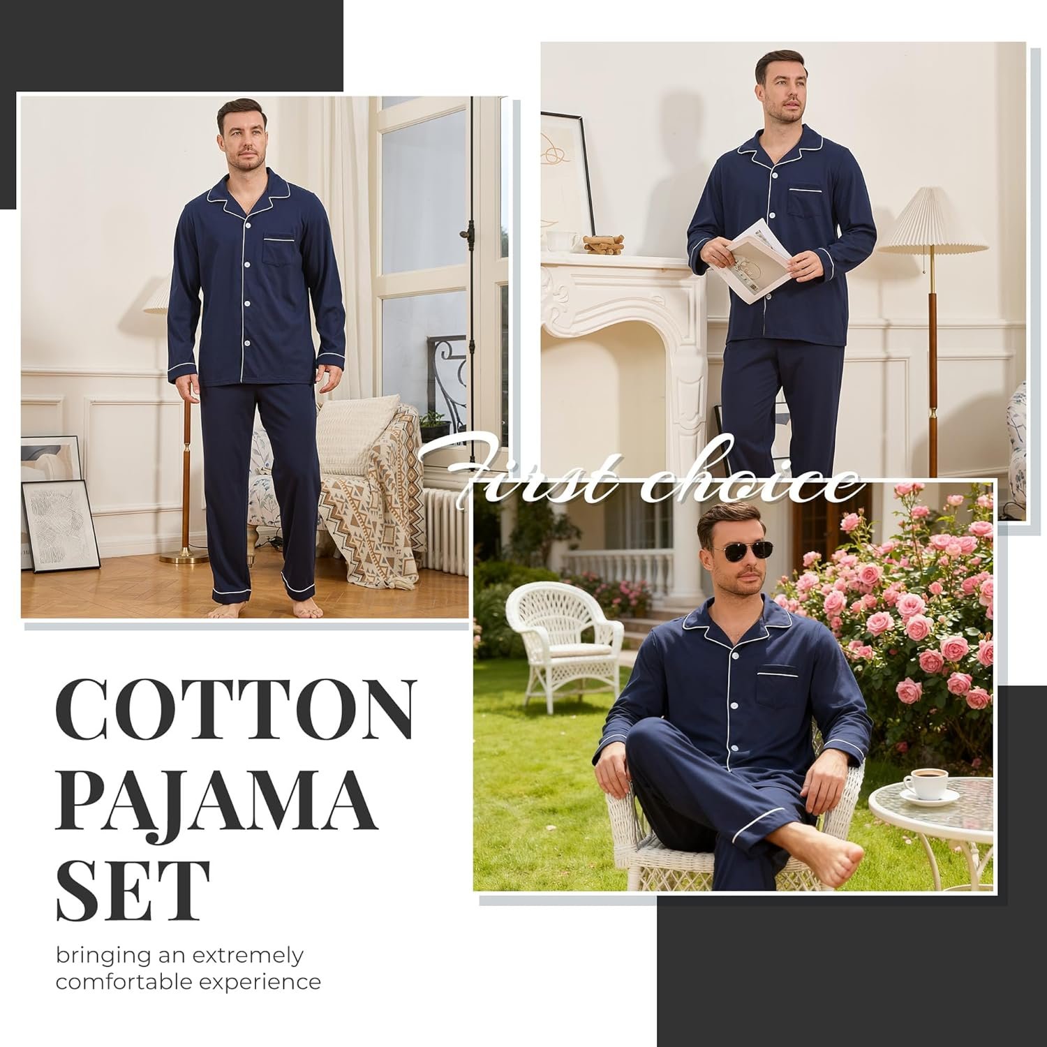 U2SKIIN Mens Cotton Pajama Set, Soft Long Sleeve Pajamas for men Lightweight Button Up Sleepwear Lounge Pjs Set with Pockets - Image 5