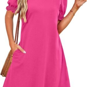 RUMIA Summer Dresses for Women 2025 Casual Cute Square Neck Puff Short Sleeve Dress with Pockets