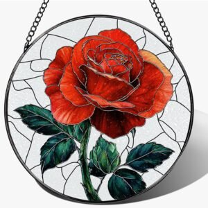 Stained Glass Window Hanging, 7.8″ Red Rose Stained Glass Sun Catcher, Suncatchers for Windows, Doors & Home Decor, Valentine’s Day, Mother’s Day & Birthday Gifts for Women, Wife, Mom, Loved Ones