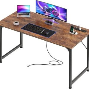 PRAISUN 47 X 20 Inch Office Computer Desk with Power Outlets and USB-C Port, Larger Gaming Desk, for Home Office, Study, Bedroom, Writing Work from Home Table, Metal Frame, Rustic Brown