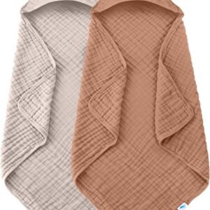 SWEET DOLPHIN Muslin Hooded Baby Bath Towels – 2 Pack 100% Cotton Towel for Babies, Infants, Toddlers – 32x32Inch – Highly Absorbent and Newborn Essential, Light Bean Paste
