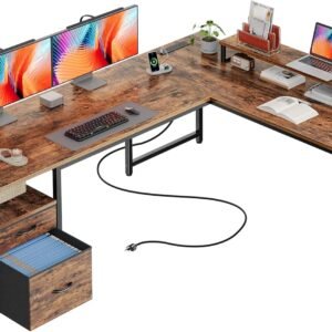 PRAISUN 63 Inch L Shaped Desk with Power Outlets and USB-C Port, Computer Corner Home Office Desk with File Fabric Drawers and Movable Monitor Stand, Larger Storage, Gaming, Writing, Rustic Brown