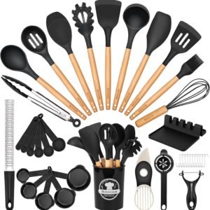 Astercook 39 PCS Kitchen Utensils Set, Silicone Cooking Utensil Sets with Wooden Handle, 446°F Heat Resistant Food Grade Spatula Set, BPA Free Kitchen Gadgets Tools Set & Spoons for Nonstick Cookware