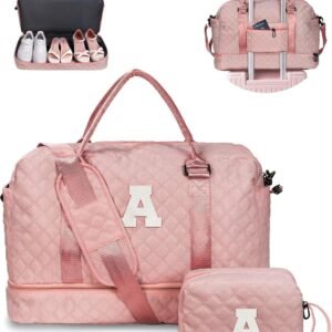 Graduation Gift for Her Women Gift-Birthday Gifts, Initial Duffle Bags with Shoe Compartment, Girls Weekender Bag,Overnight Bag for Women, Travel Bag with Makeup Bags Gift for Mom (Letter A)