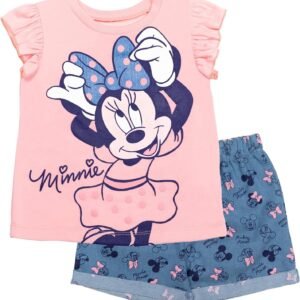 Disney Minnie Mouse Rainbow Floral T-Shirt and Chambray Shorts Outfit Set Infant to Big Kid Sizes (12 Months – 14-16)