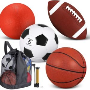 Lenwen 4 Pcs Sports Balls Set for Teen Adult, Include Official Size Basketball Soccer Football Playground Ball Pump Equipment Bag Ball Gifts Back to School