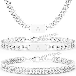 3PCS Initial Letter Cuban Necklace Bracelet, A-Z Letter Pendant Stainless Steel Silver Gold Black Cuban Link Chain for Men Women Jewelry Set for Him Her