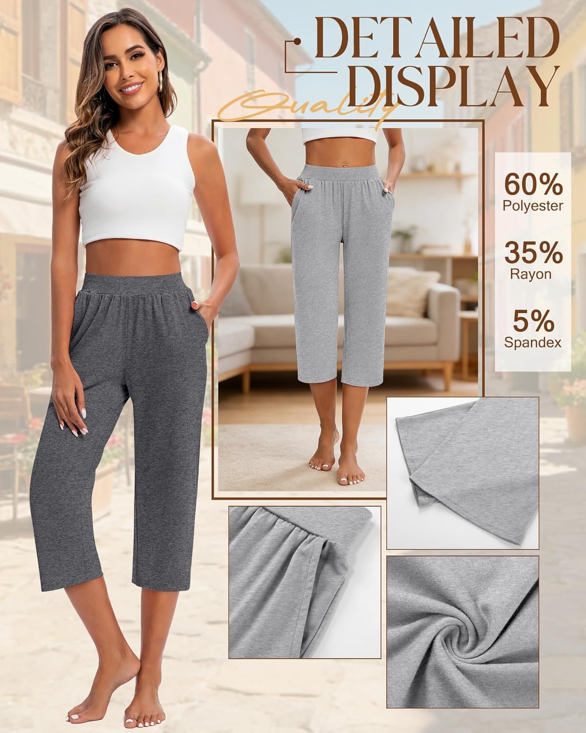 Huukeay 3 Pack Women's Capri Sweatpants, Cozy Wide Legs Cropped Capri with Pockets, Lounge Jogger Pants Workout Yoga Solid - Image 5
