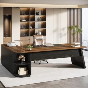Tribesigns 79-Inch Executive Desk, Large Office Desk with Cabinet, L-Shaped Compter Desk with Storage Shelves, Writing Table for Home Office, Brown and Black